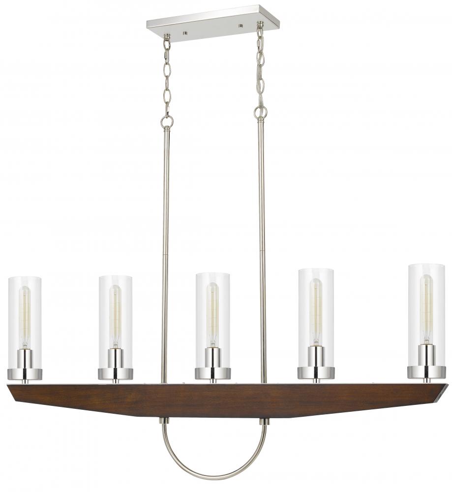 60W x 5 Ercolano pine wood/metal island chandelier w/t clear glass shade (Edison bulbs NOT included)