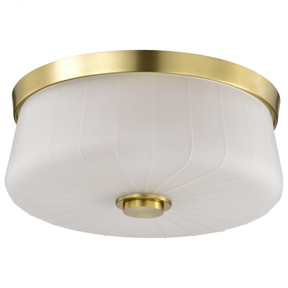 Lune; 3 Light Flush Mount; Vintage Brass Finish; Etched White Glass