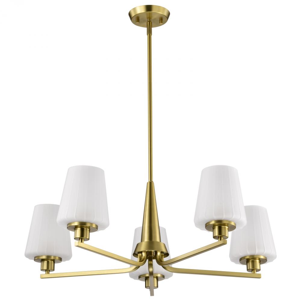 Lune; 5 Light Chandelier; Vintage Brass Finish; Etched White Glass